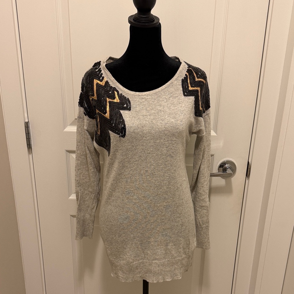 Love Moschino Gray Sweater with Black and Gold Accents